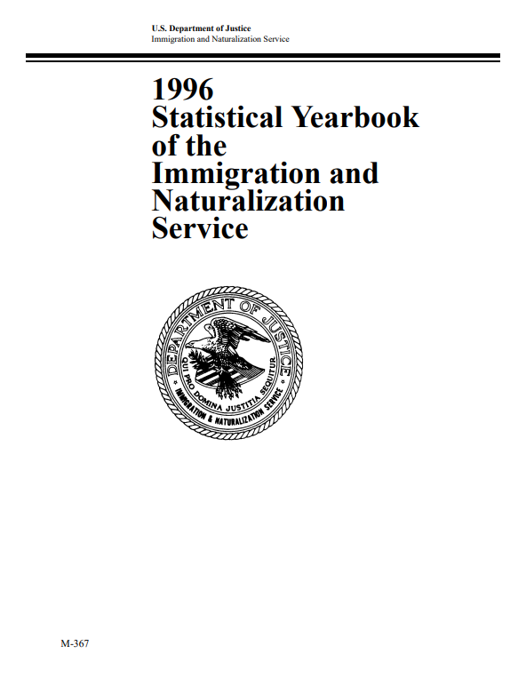 Title page of the 1996 Yearbook of Immigration Statistics featuring the Immigration and Naturalization Service seal. The seal is a variation on the seal of the Department of Justice and includes a bald eagle.  