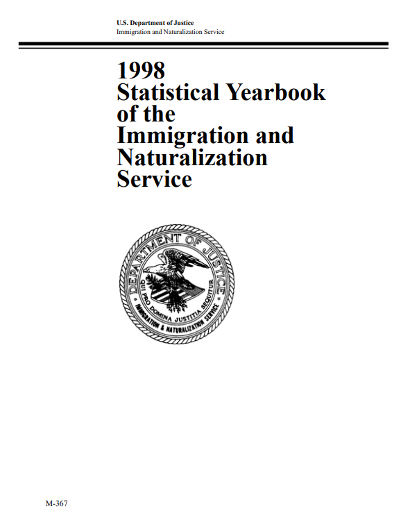 Title page of the 1998 Yearbook of Immigration Statistics featuring the Immigration and Naturalization Service seal. The seal is a variation on the seal of the Department of Justice and includes a bald eagle.  