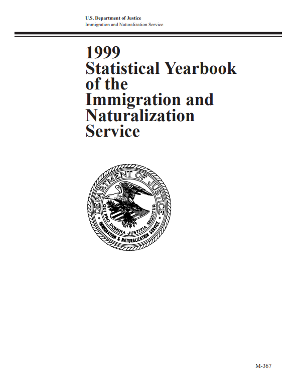 Title page of the 1999 Yearbook of Immigration Statistics featuring the Immigration and Naturalization Service seal. The seal is a variation on the seal of the Department of Justice and includes a bald eagle.  