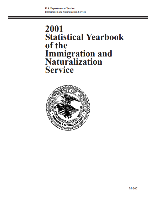 Title page of the 2001 Yearbook of Immigration Statistics featuring the Immigration and Naturalization Service seal. The seal is a variation on the seal of the Department of Justice and includes a bald eagle.  