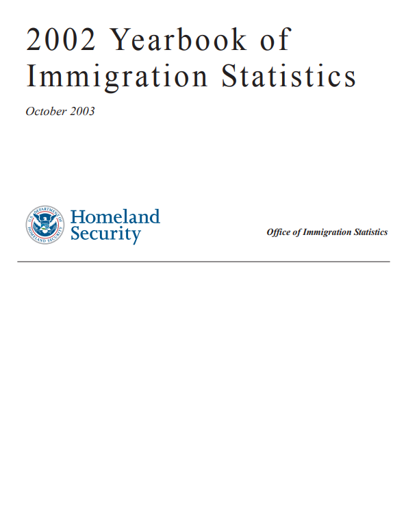 Title page of the 2002 Yearbook of Immigration Statistics. Includes the Department of Homeland Security seal.