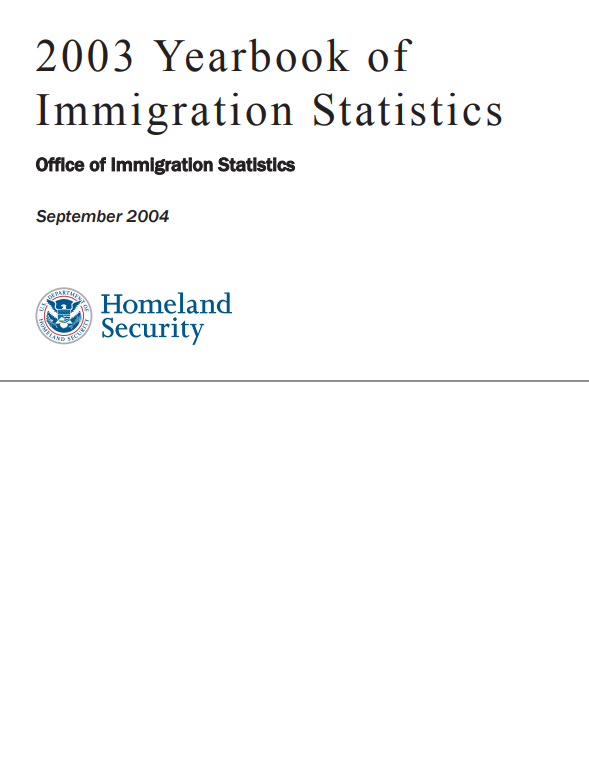 Title page of the 2003 Yearbook of Immigration Statistics. Includes the Department of Homeland Security seal.