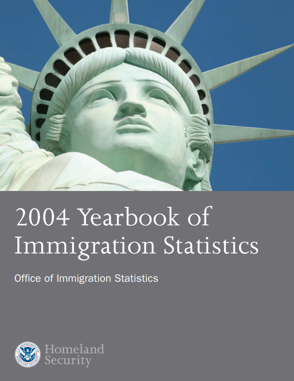 Cover of the 2004 Yearbook of Immigration Statistics. Includes a photo of the Statue of Liberty.