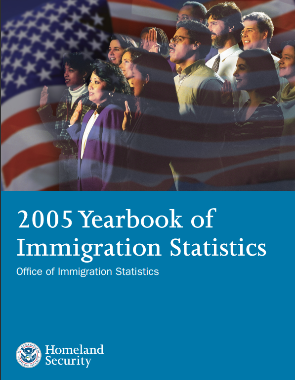 Cover of the 2005 Yearbook of Immigration Statistics. Includes a photo of a diverse group of people taking the oath in a naturalization ceremony. An American flag is graphically juxtaposed with the photo.