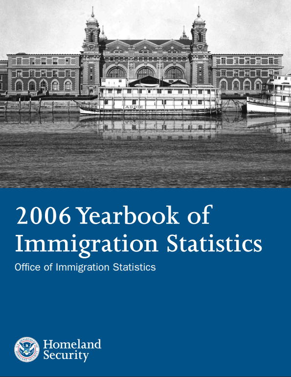 Cover of the 2006 Yearbook of Immigration Statistics. Includes an old black and white photo of Ellis Island.