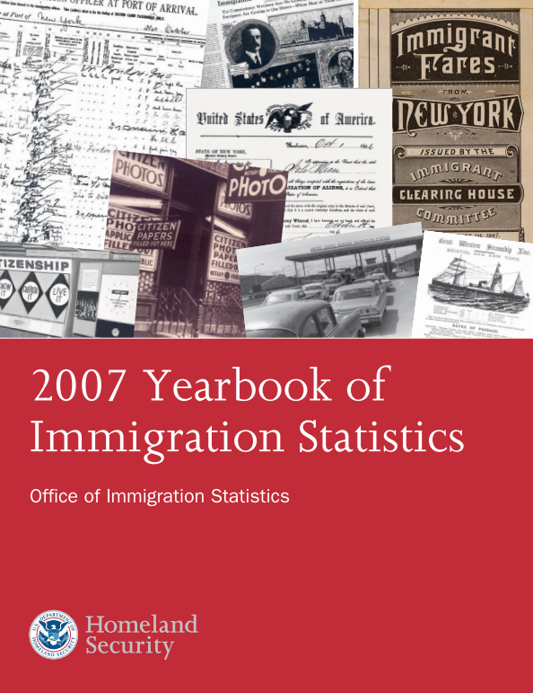 Cover of the 2007 Yearbook of Immigration Statistics. Cover images shown are historical USCIS documents and photographs of immigration over time.