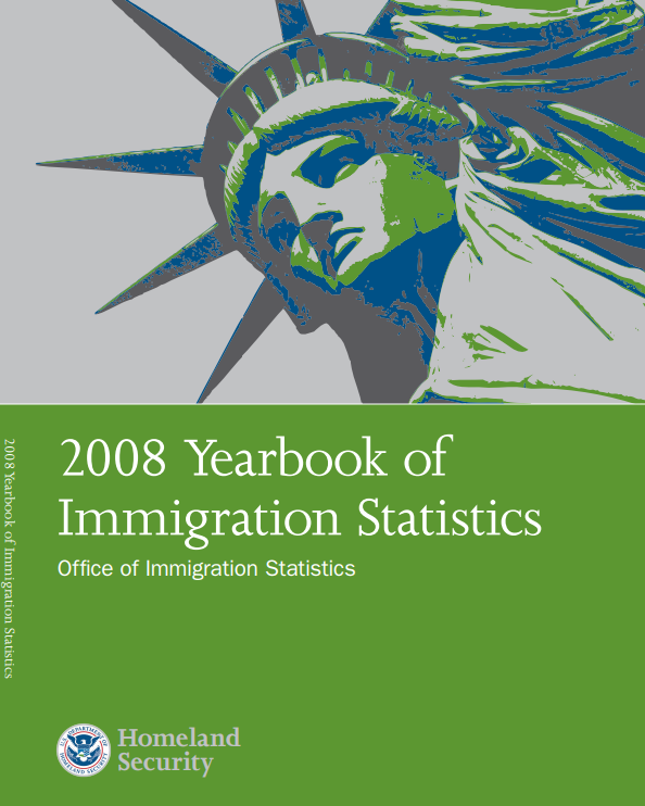 Cover of the 2008 Yearbook of Immigration Statistics. Includes a graphic of the Statue of Liberty.