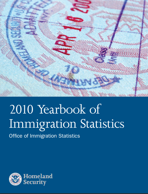 Cover of the 2010 Yearbook of Immigration Statistics. Includes a photo of a DHS admission stamp.