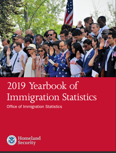 Cover of the 2019 Yearbook of Immigration Statistics. Includes photo of multiple people being sworn in as U.S. citizens.