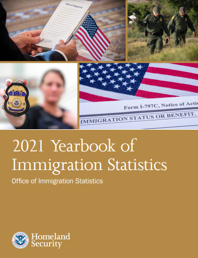 Cover of the 2021 Yearbook of Immigration Statistics. Includes 4 photos. Photo of man holding a U.S. Flag and an oath of allegiance; Photo of border agents using a drone; photo of a woman holding an ICE badge; Photo of Form I-797C.