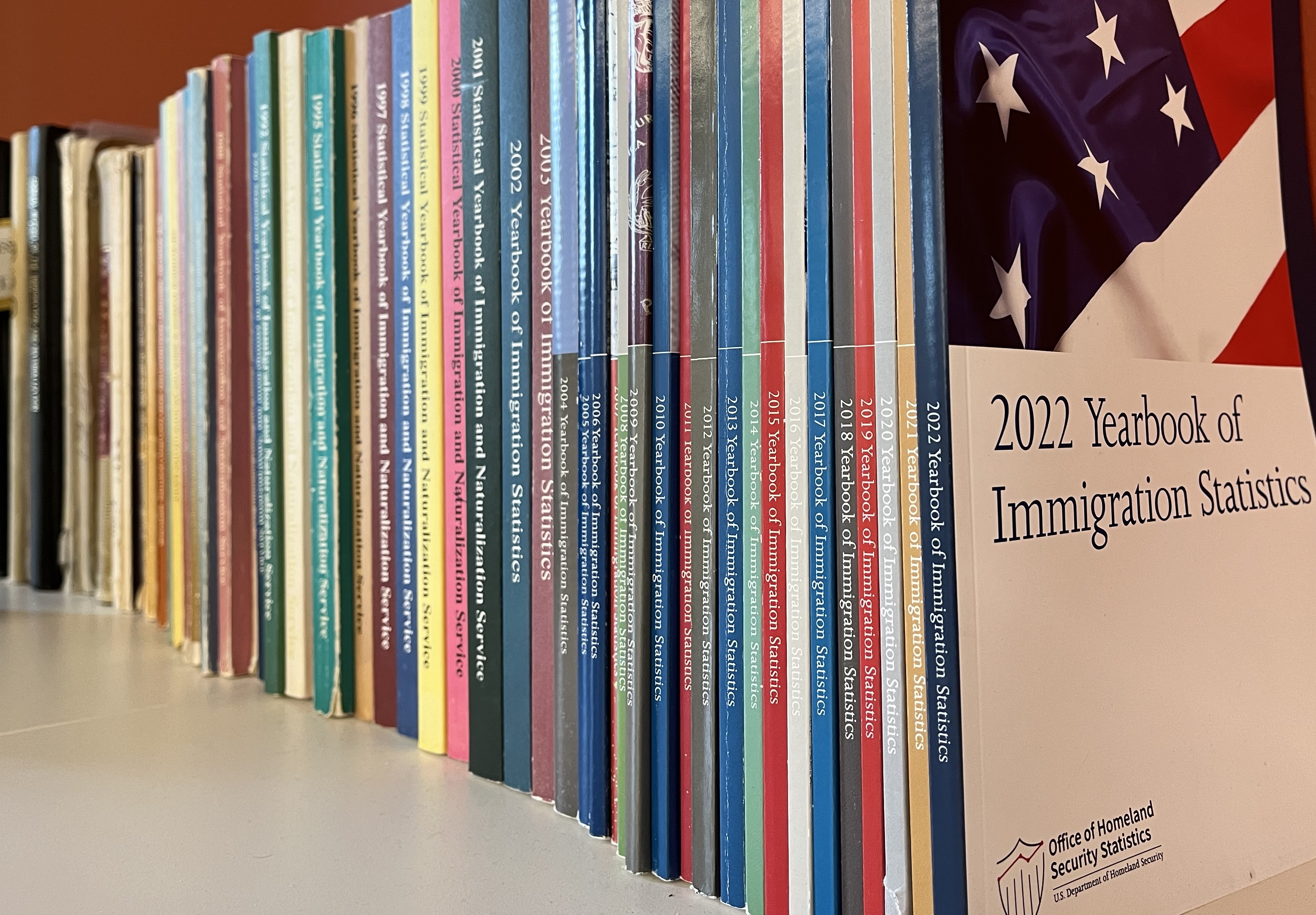 Many years of Yearbooks of Immigration Statistics on a shelf with the 2022 yearbook in front.