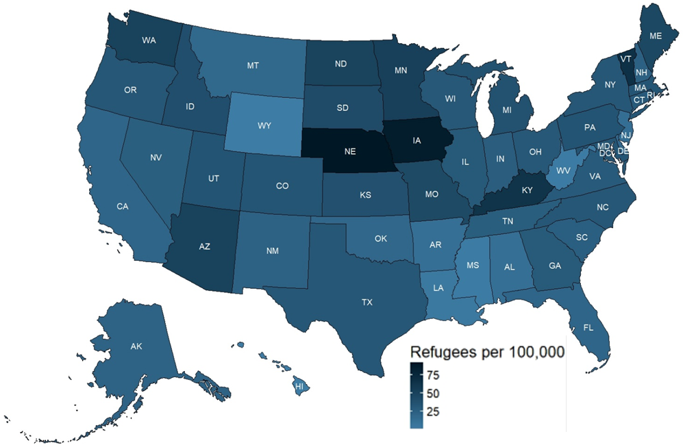 Figure 3 is a choropleth map showing refugee resettlement by state of residence per capita for fiscal year 2024. Nebraska had the highest number of refugees per capita as 92 refugees resettled per capita. Iowa is second highest at 86 refugees per capita. Third highest is Vermont at 66 per capita. Fourth highest is Kentucky at 64 per capita. The lowest per capita state is Hawaii at close to zero refugees per capita. There are 106 unknown states of resettlement of the refugees in fiscal year 2024.